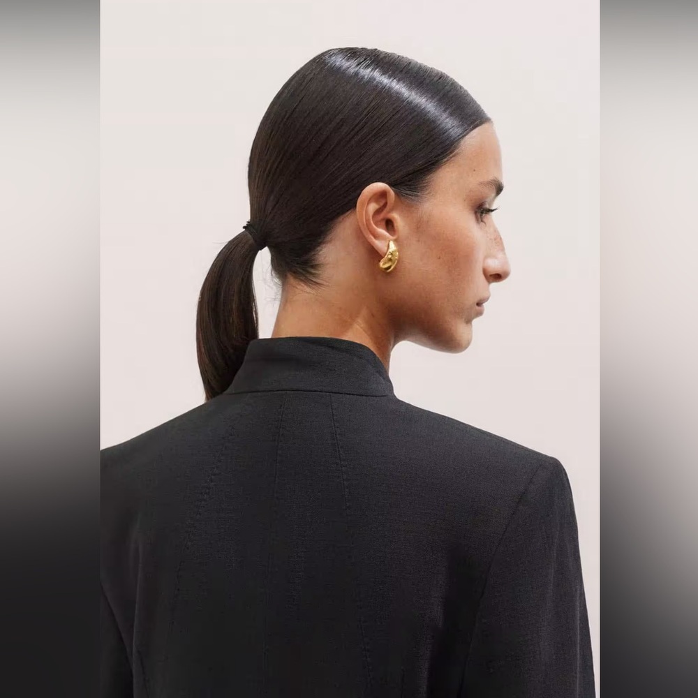 ME + EM WOMEN’s TEXTURED TAILORING COLLARLESS BLACK BLAZER CORPCORE QUIET LUXURY - Picture 4 of 16